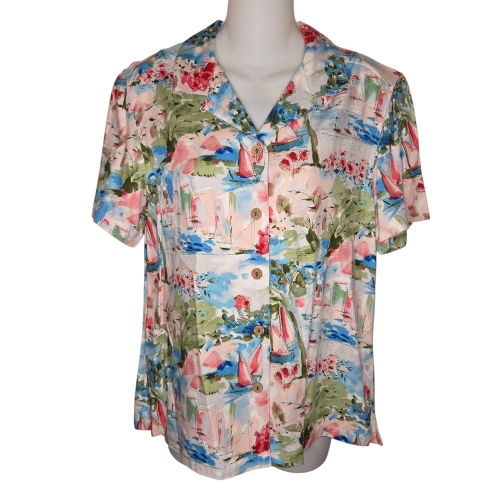 Karen Scott Sport Vintage Nautical Print Rayon Button Down Blouse Shirt Top Med